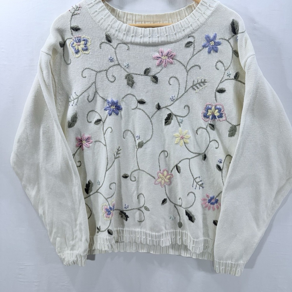 Vintage Northern Reflections Floral Embroidered Sweater XL Cottagecore Knit 90's